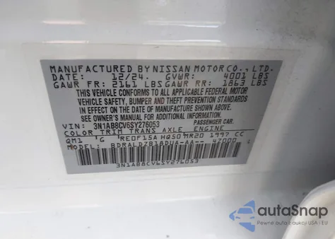 2025 Nissan Sentra Sv from USA, damaged, VIN 3N1AB8CV6SY276053